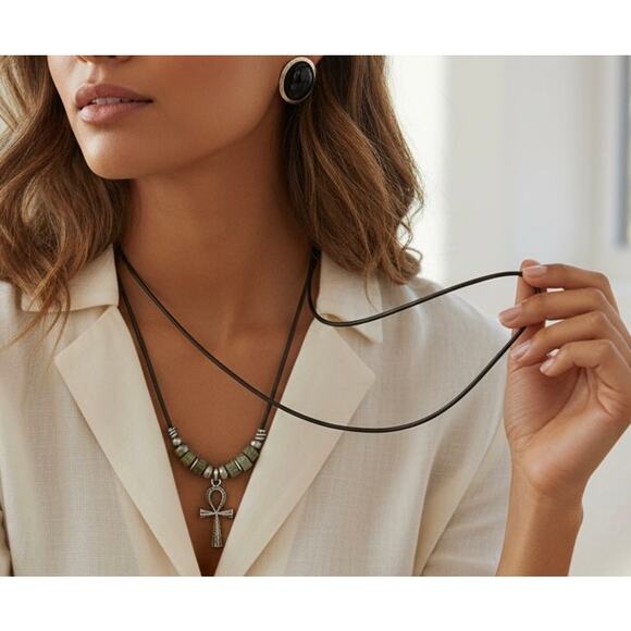 Black Stone Ankh Necklace & Matching Stud Earrings Set NWT - Picture 1 of 2